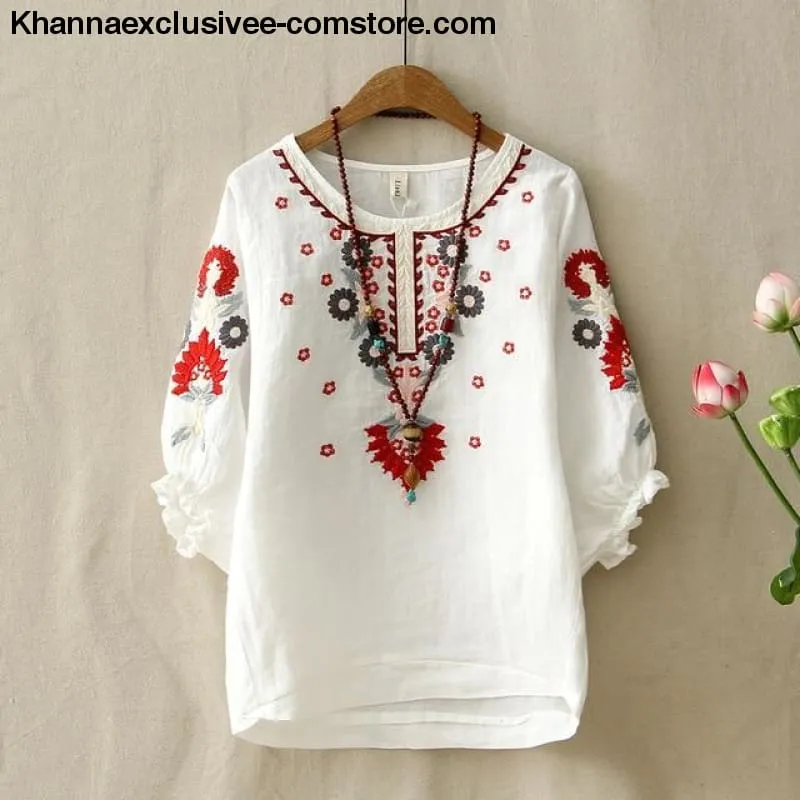 Women's Ethnic Vintage White Floral Embroidered Blouse Loose Half Lantern Sleeve Top Casual Shirt