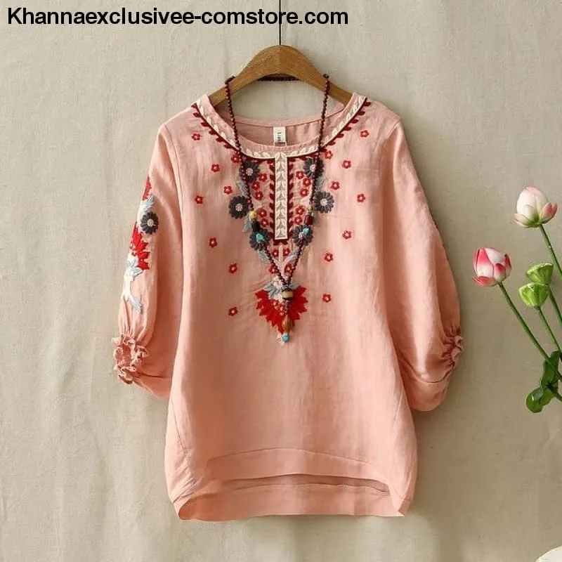 Women's Ethnic Vintage White Floral Embroidered Blouse Loose Half Lantern Sleeve Top Casual Shirt