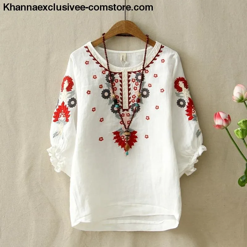 Women's Ethnic Vintage White Floral Embroidered Blouse Loose Half Lantern Sleeve Top Casual Shirt