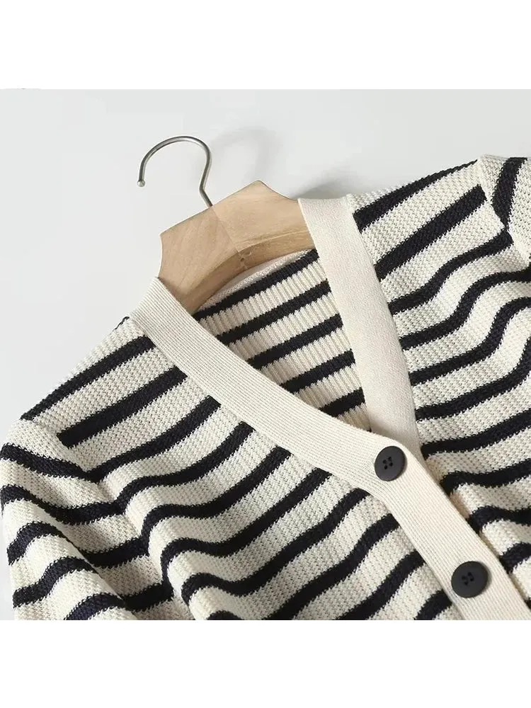Women's Fashion Knitted Stripe V-Neck Long Dress