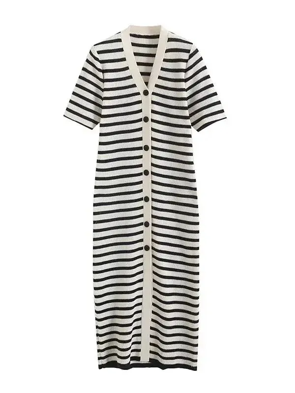 Women's Fashion Knitted Stripe V-Neck Long Dress