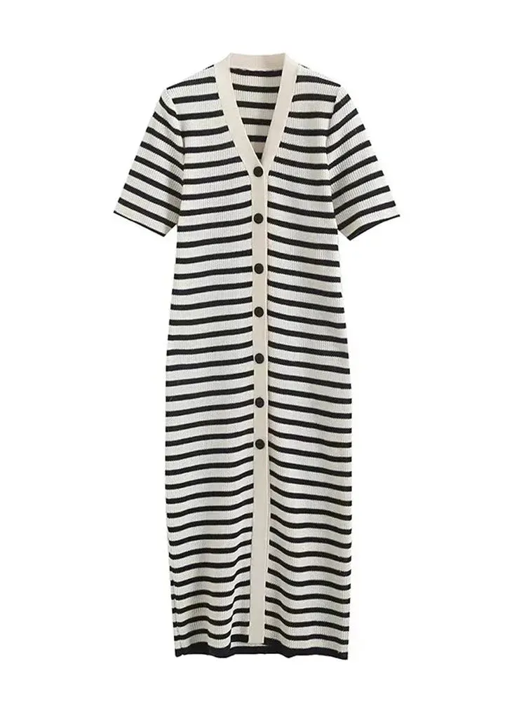 Women's Fashion Knitted Stripe V-Neck Long Dress