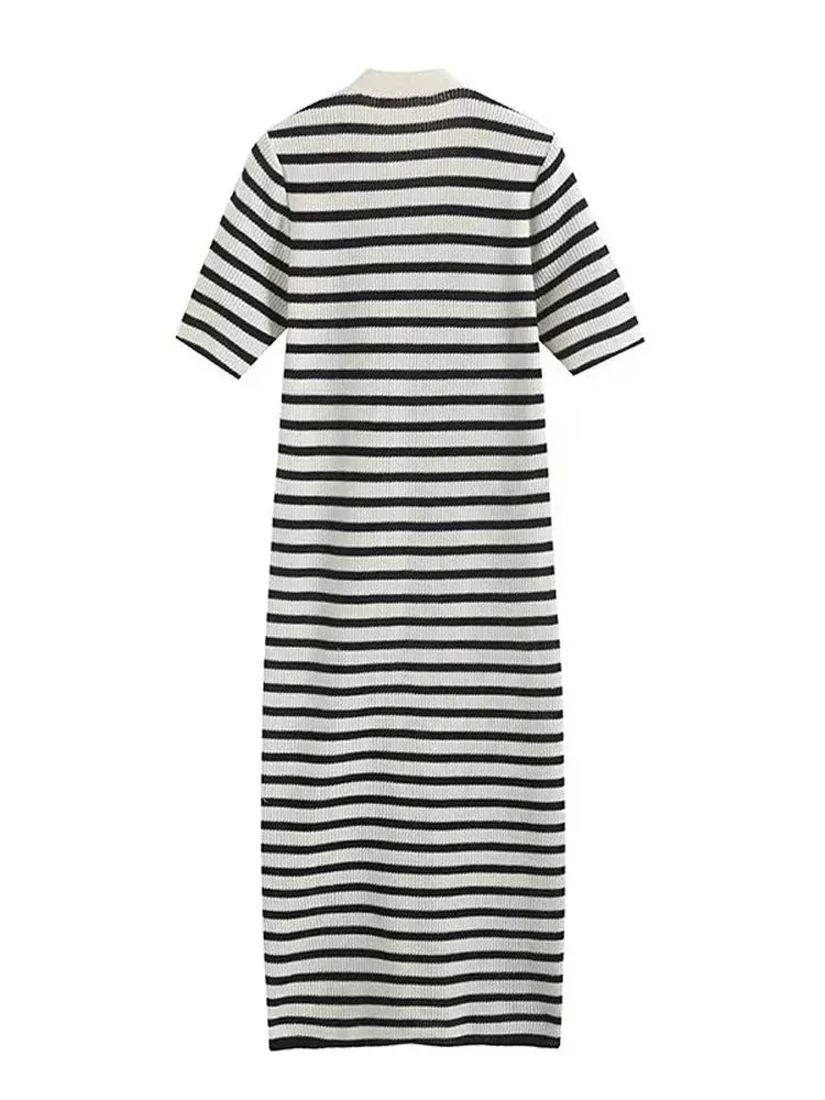 Women's Fashion Knitted Stripe V-Neck Long Dress