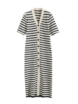 Women's Fashion Knitted Stripe V-Neck Long Dress