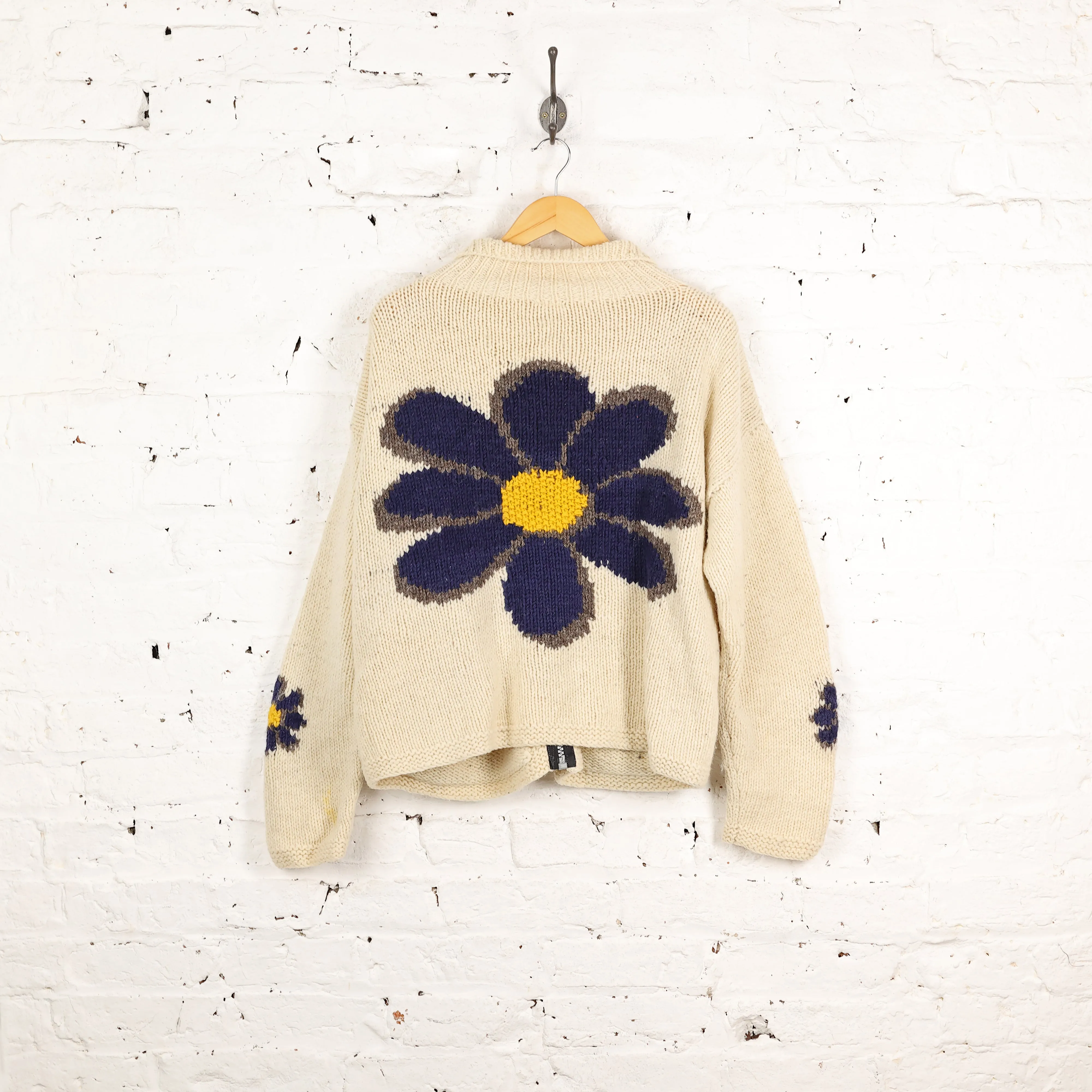 Women's Flowers Wool Knit Cardigan Jacket - White - Women's L