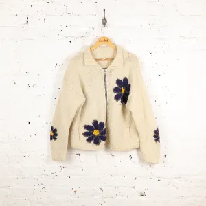 Women's Flowers Wool Knit Cardigan Jacket - White - Women's L