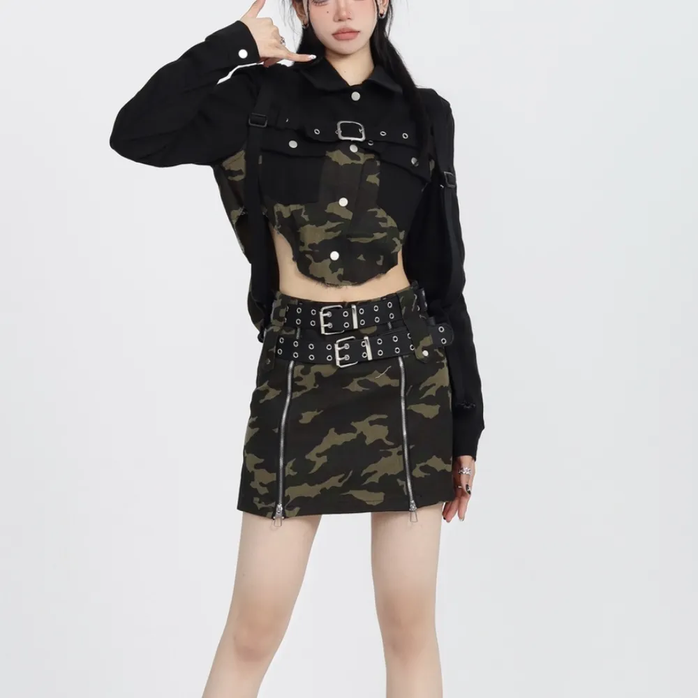 Women's High Street Camouflage Stitching Outfit Sets