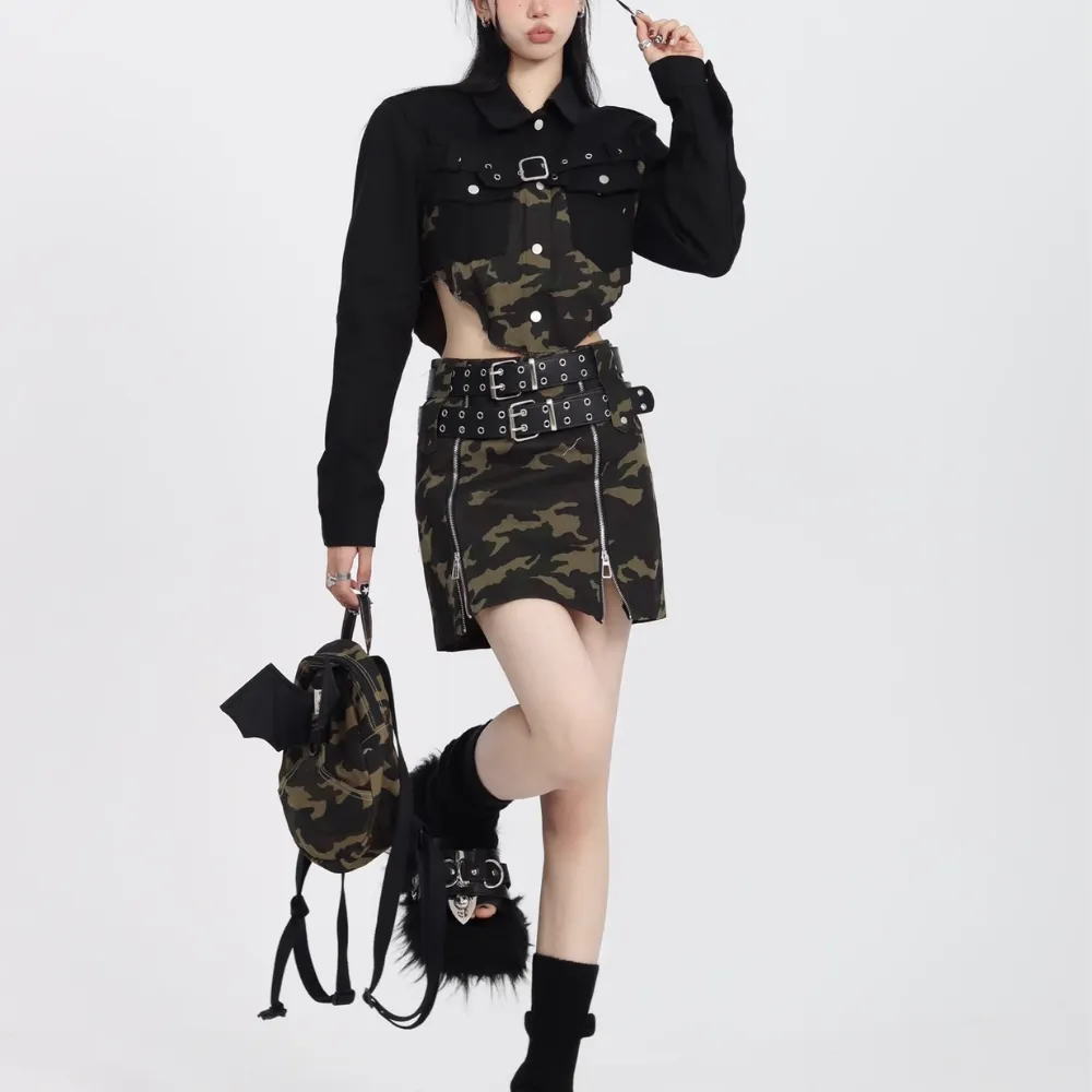 Women's High Street Camouflage Stitching Outfit Sets