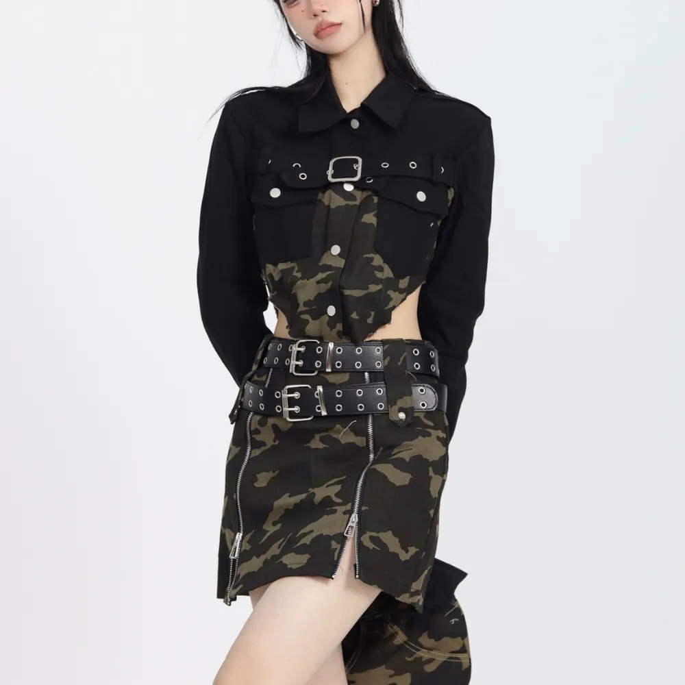 Women's High Street Camouflage Stitching Outfit Sets