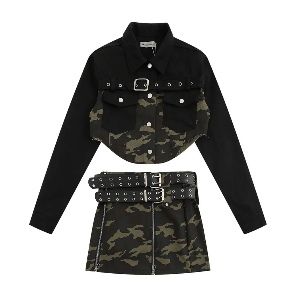 Women's High Street Camouflage Stitching Outfit Sets