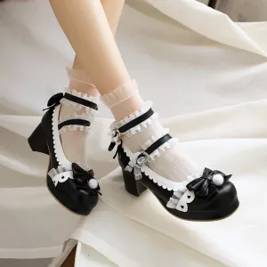 Women's Lace Buckle Chunky Heel Pumps Mary Janes Shoes with Bowtie