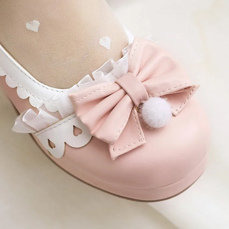 Women's Lace Buckle Chunky Heel Pumps Mary Janes Shoes with Bowtie