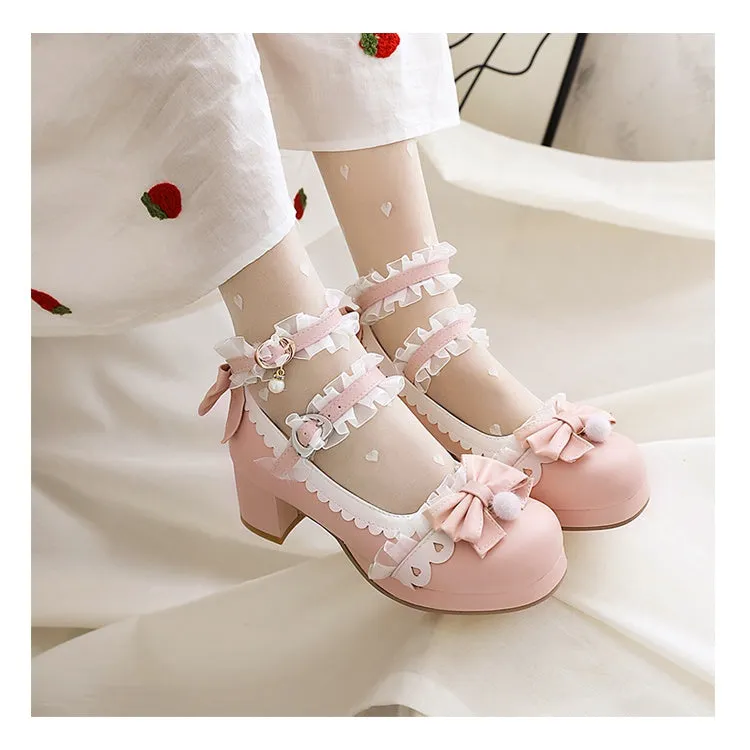 Women's Lace Buckle Chunky Heel Pumps Mary Janes Shoes with Bowtie