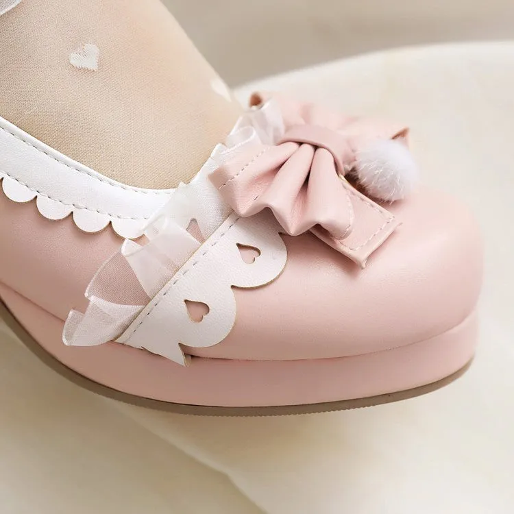 Women's Lace Buckle Chunky Heel Pumps Mary Janes Shoes with Bowtie