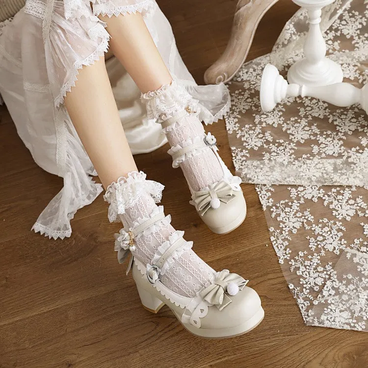 Women's Lace Buckle Chunky Heel Pumps Mary Janes Shoes with Bowtie