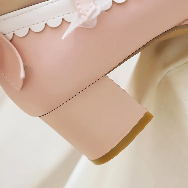 Women's Lace Buckle Chunky Heel Pumps Mary Janes Shoes with Bowtie