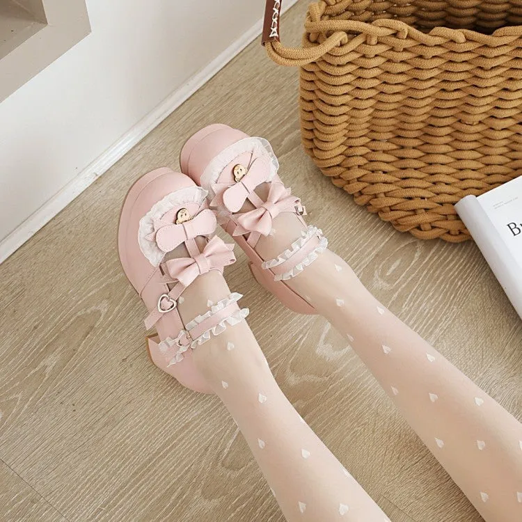 Women's Lace Chunky Heel Pumps Mary Janes Shoes with Bowtie