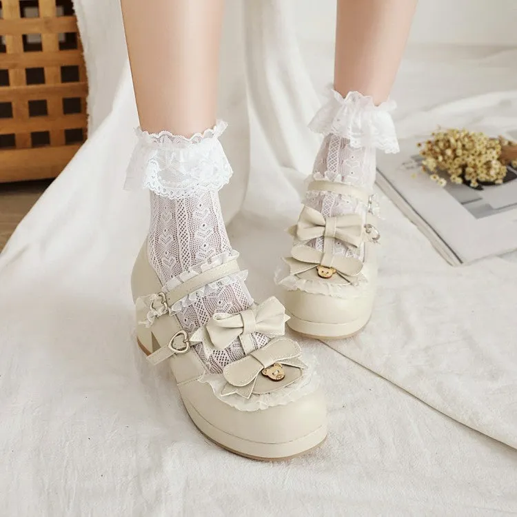Women's Lace Chunky Heel Pumps Mary Janes Shoes with Bowtie