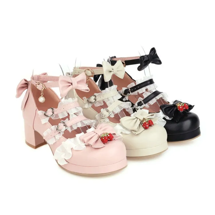 Women's Lace Chunky Heel Pumps Mary Janes Shoes with Bowtie