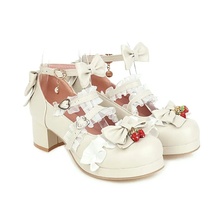Women's Lace Chunky Heel Pumps Mary Janes Shoes with Bowtie
