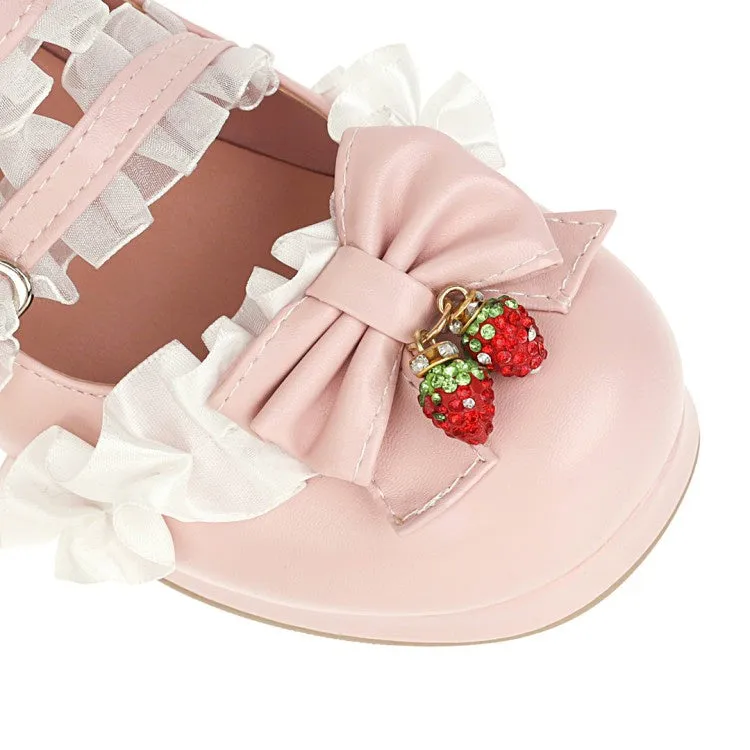 Women's Lace Chunky Heel Pumps Mary Janes Shoes with Bowtie