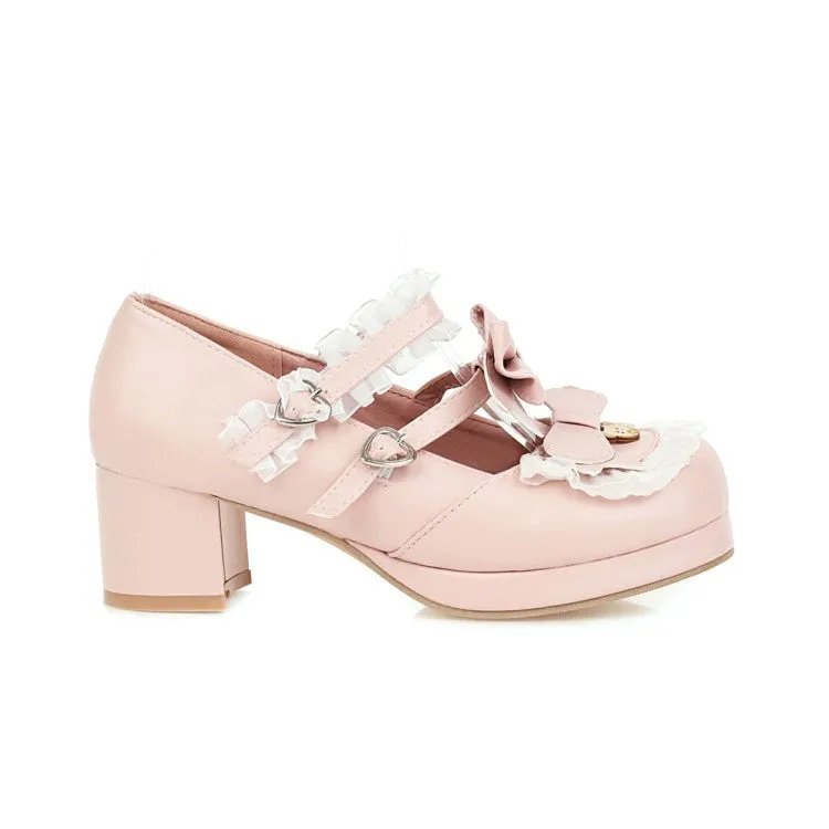 Women's Lace Chunky Heel Pumps Mary Janes Shoes with Bowtie