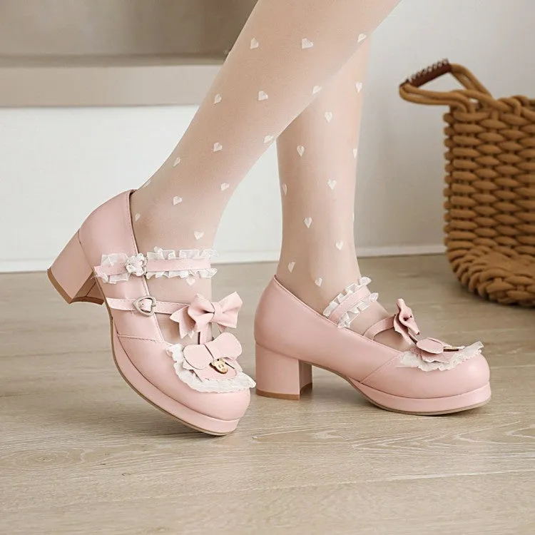 Women's Lace Chunky Heel Pumps Mary Janes Shoes with Bowtie