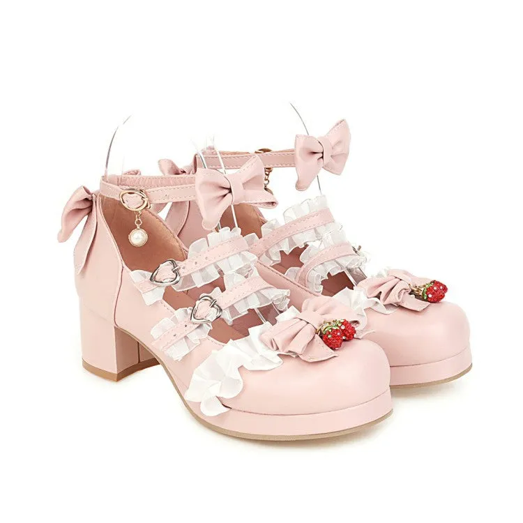 Women's Lace Chunky Heel Pumps Mary Janes Shoes with Bowtie