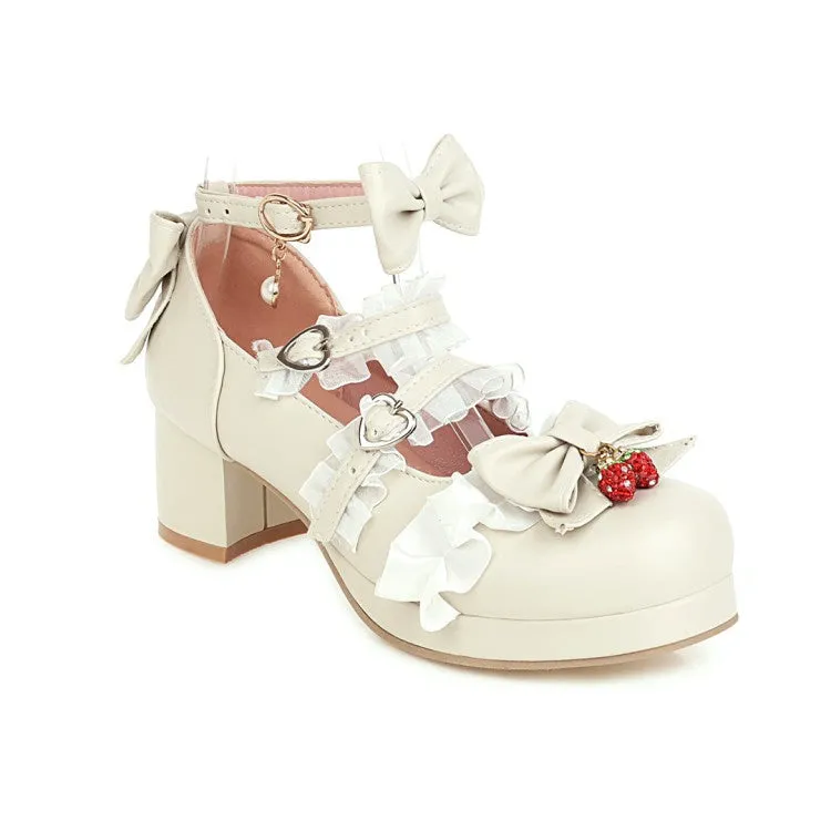 Women's Lace Chunky Heel Pumps Mary Janes Shoes with Bowtie