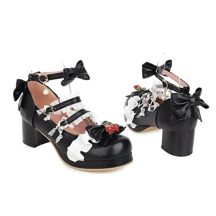 Women's Lace Chunky Heel Pumps Mary Janes Shoes with Bowtie
