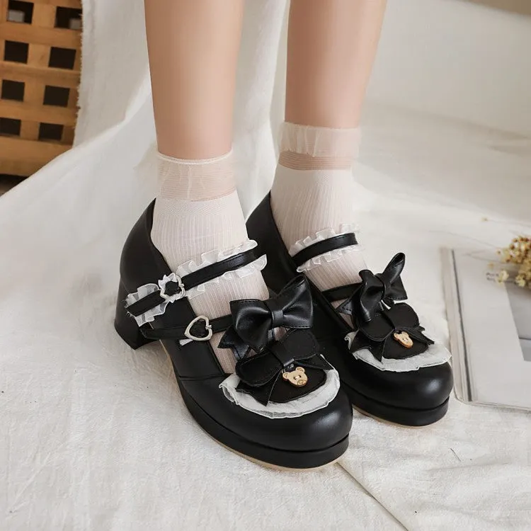 Women's Lace Chunky Heel Pumps Mary Janes Shoes with Bowtie