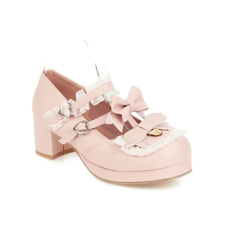 Women's Lace Chunky Heel Pumps Mary Janes Shoes with Bowtie