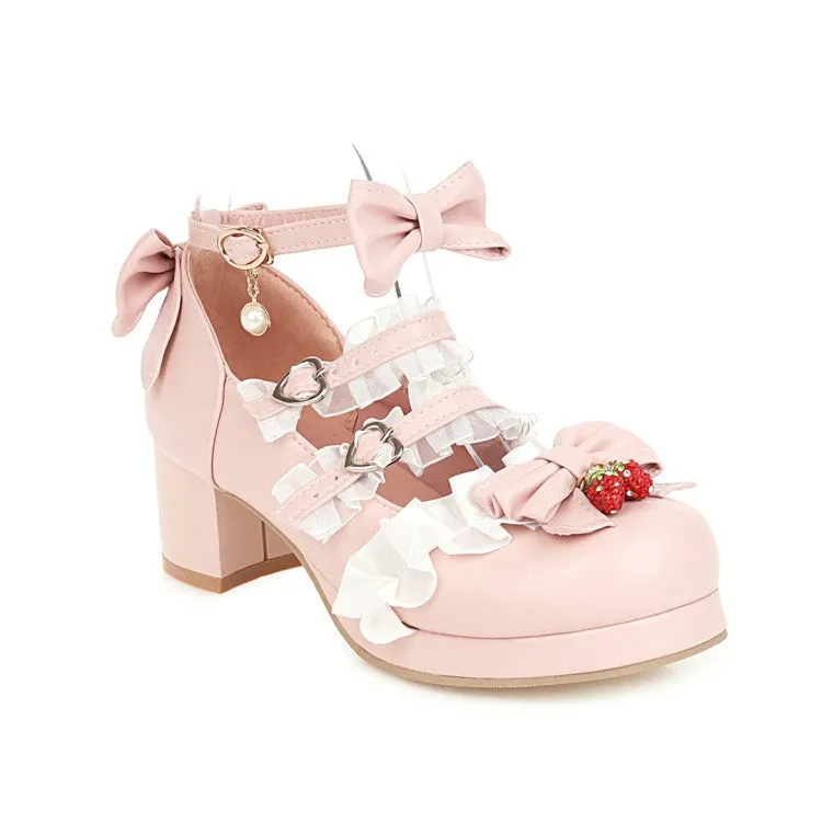 Women's Lace Chunky Heel Pumps Mary Janes Shoes with Bowtie