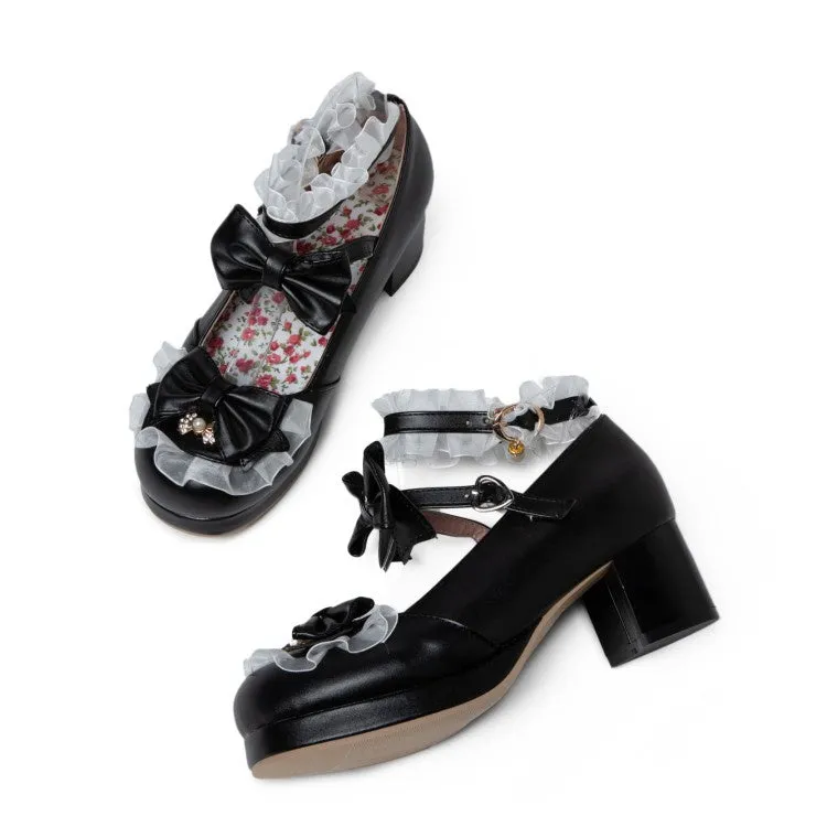 Women's Lolita Chunky Heel Pumps Mary Janes Shoes with Bowtie
