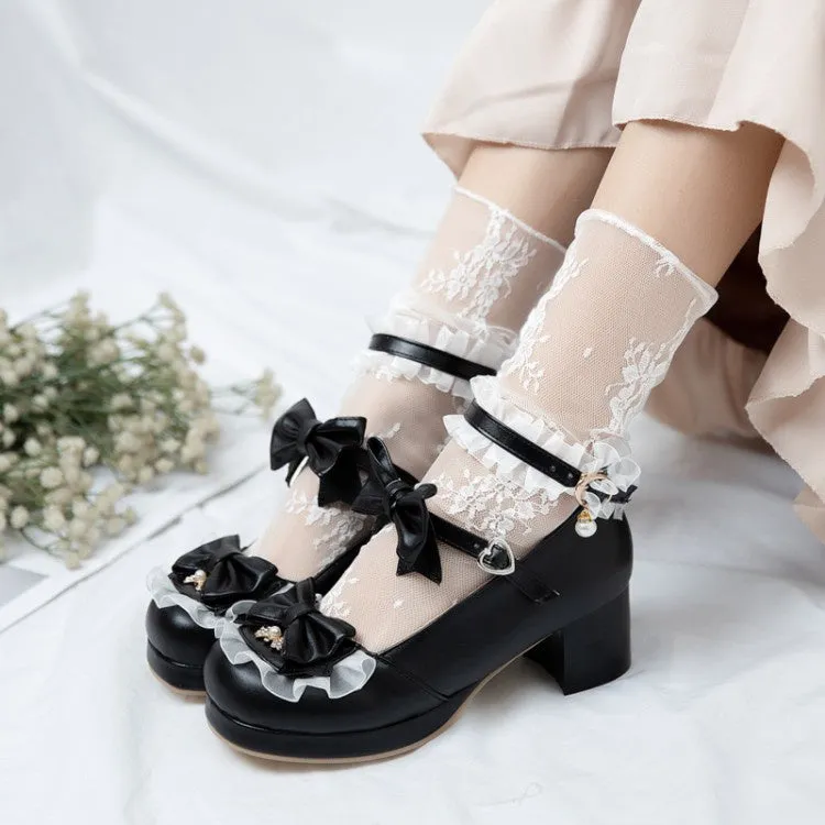 Women's Lolita Chunky Heel Pumps Mary Janes Shoes with Bowtie