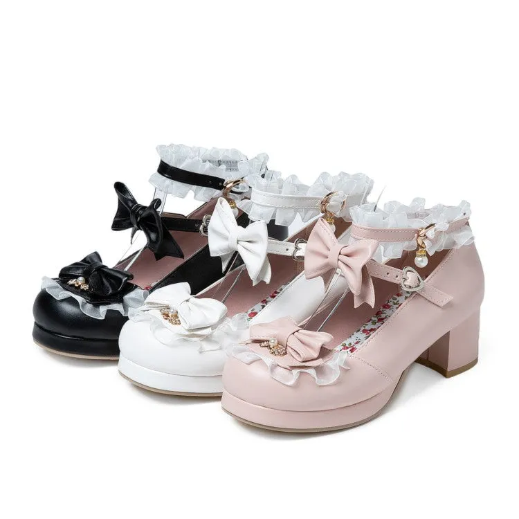 Women's Lolita Chunky Heel Pumps Mary Janes Shoes with Bowtie