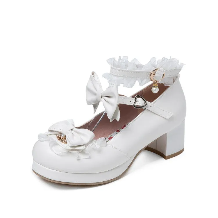 Women's Lolita Chunky Heel Pumps Mary Janes Shoes with Bowtie