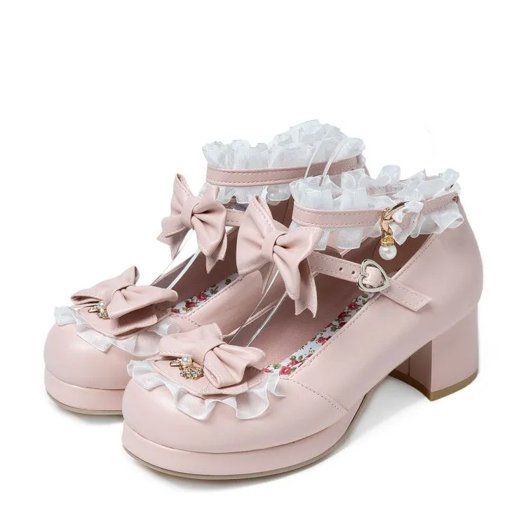 Women's Lolita Chunky Heel Pumps Mary Janes Shoes with Bowtie
