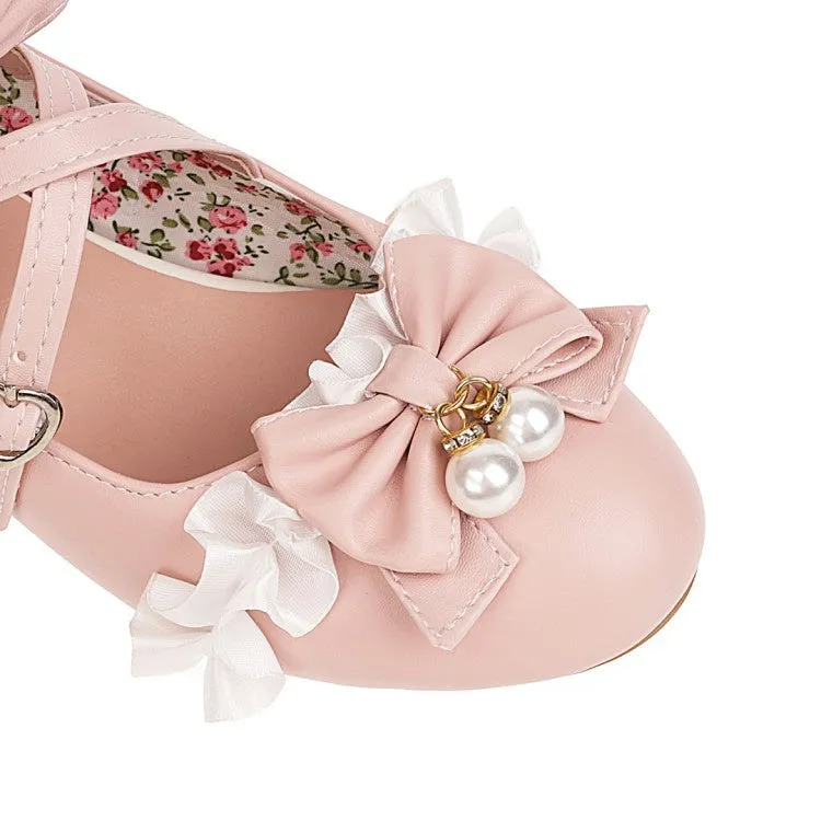Women's Pearl Chunky Heel Pumps Mary Janes Shoes with Bowtie