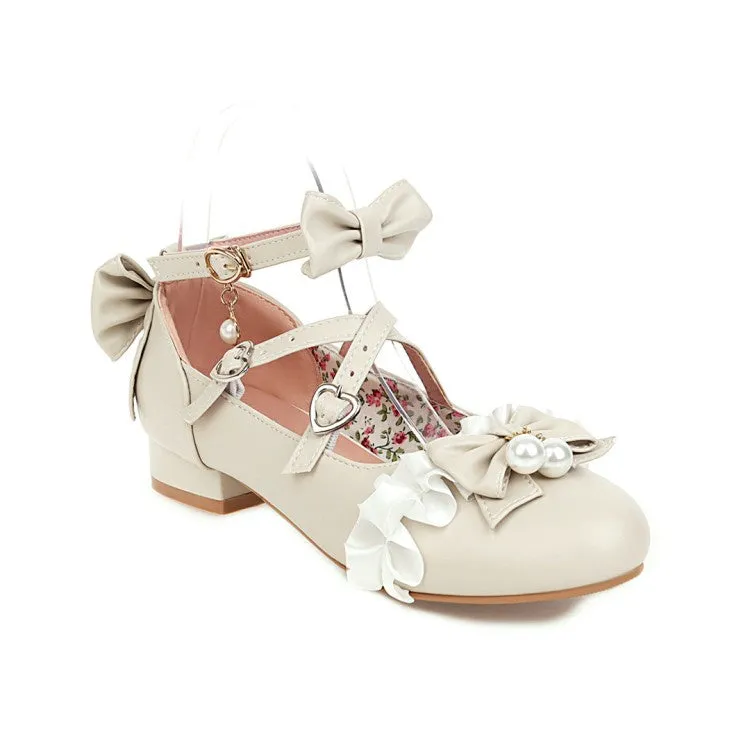 Women's Pearl Chunky Heel Pumps Mary Janes Shoes with Bowtie