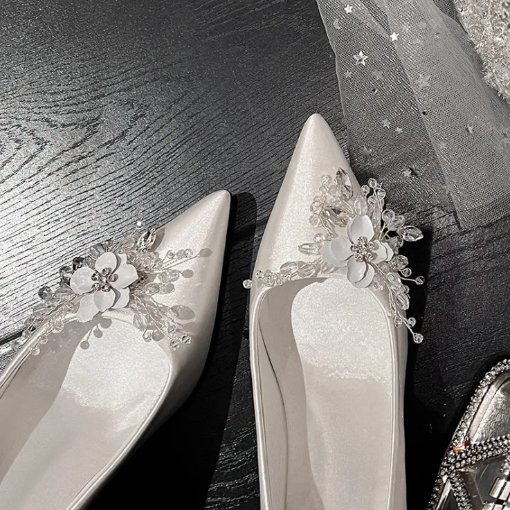 Women's Petite Silk Satin White Dress Shoes MS119