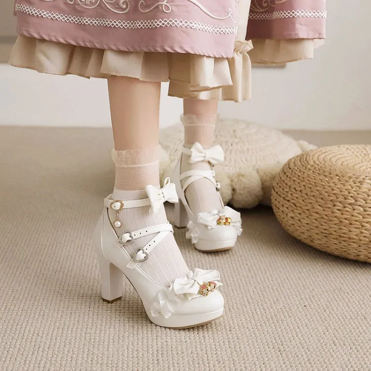 Women's Platform Pumps High Heel Mary Janes Shoes with Bowtie