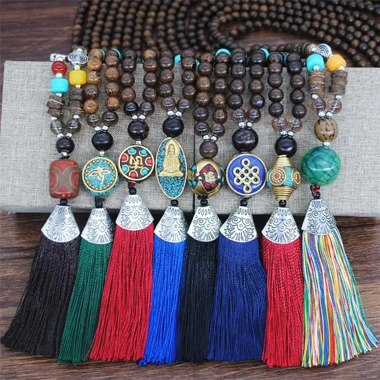 Women's Retro Ethnic Style Handmade Beaded Pendant Necklace - Black Tassel