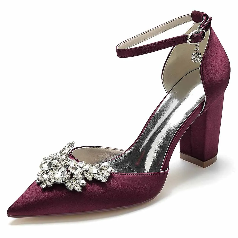 Women's Satin Closed Toe With Rhinestones Chunky Heel High Heels
