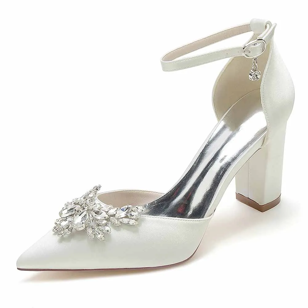 Women's Satin Closed Toe With Rhinestones Chunky Heel High Heels