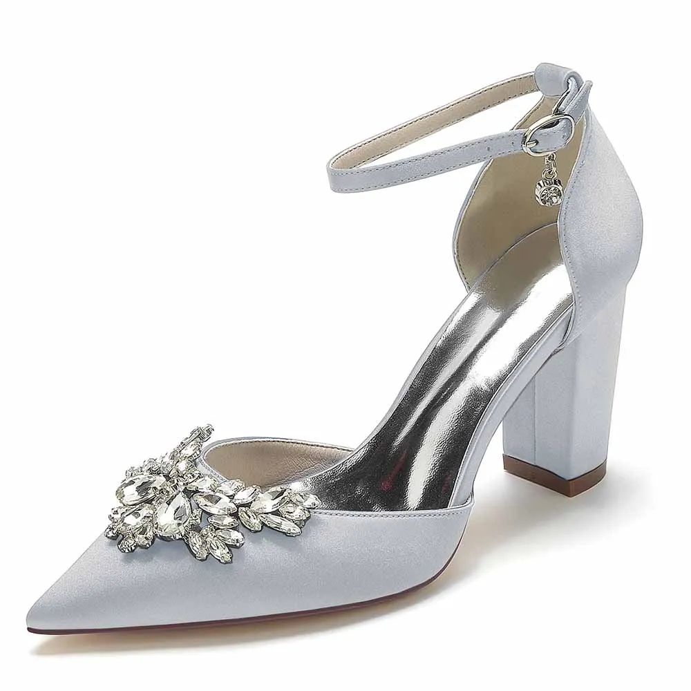 Women's Satin Closed Toe With Rhinestones Chunky Heel High Heels