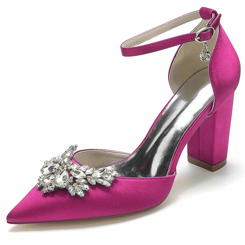 Women's Satin Closed Toe With Rhinestones Chunky Heel High Heels