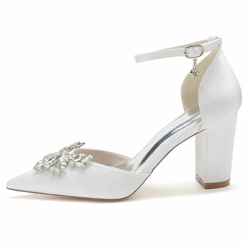 Women's Satin Closed Toe With Rhinestones Chunky Heel High Heels
