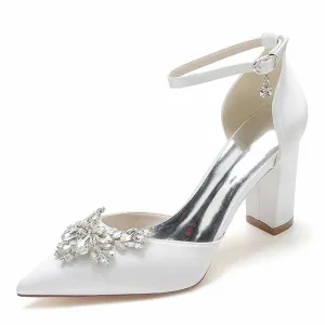 Women's Satin Closed Toe With Rhinestones Chunky Heel High Heels