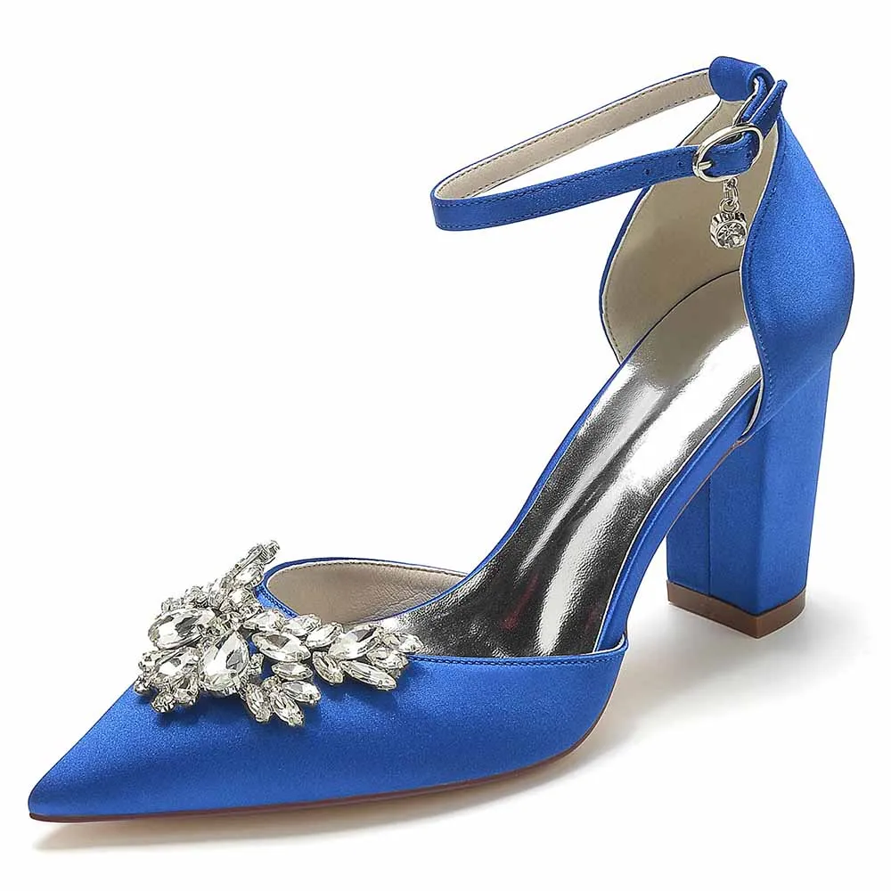 Women's Satin Closed Toe With Rhinestones Chunky Heel High Heels